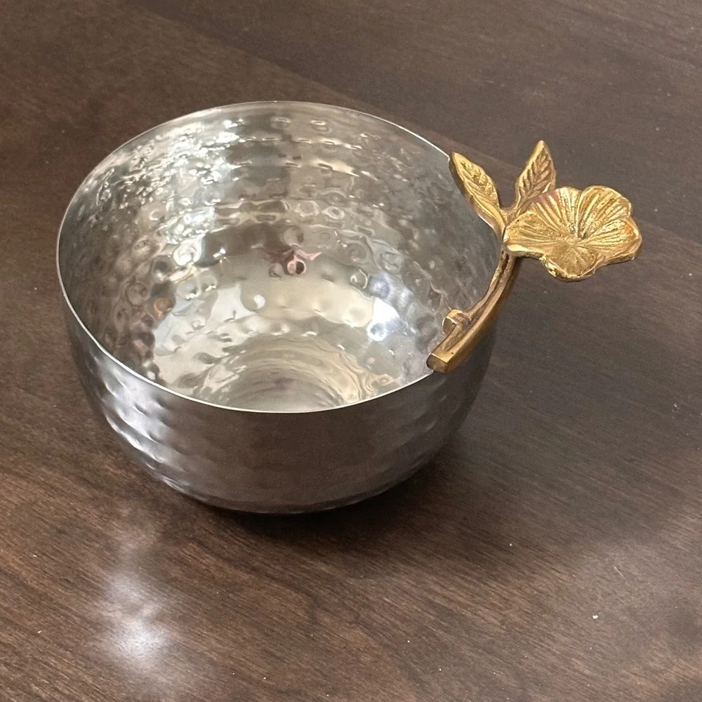 Hammered Silver Tone Metal Bowl with Gold Tone Flower Handle Made in India
